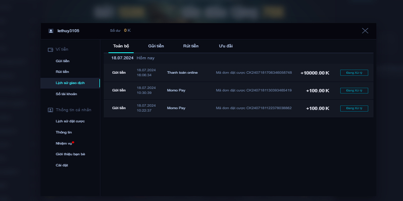 Mọi giao dịch được ghi lại chi tiết trong lịch sử, giúp người chơi dễ dàng theo dõi